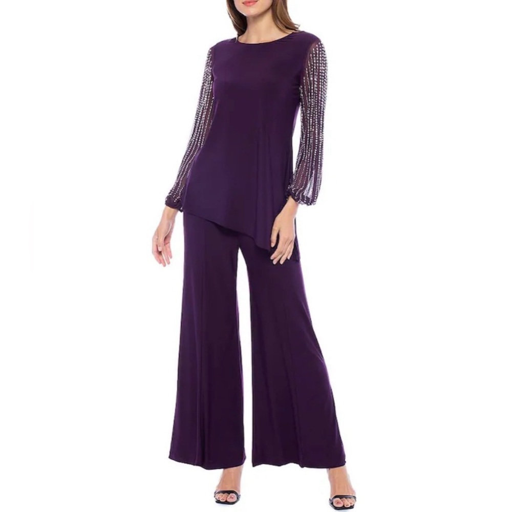 NWT MARINA Beaded Long Sleeve Crew Neck 2-Piece Pant Set Size 12 Formal Wedding